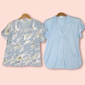 Lot Of 2 Vintage‎ Womens Shirts 70s 80s Blue Floral Polyester Short Sleeve Retro